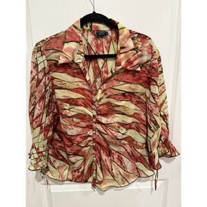Tribal Sheer Button Front Blouse Womens Size 16 Red Coral Abstract Leaf Print
